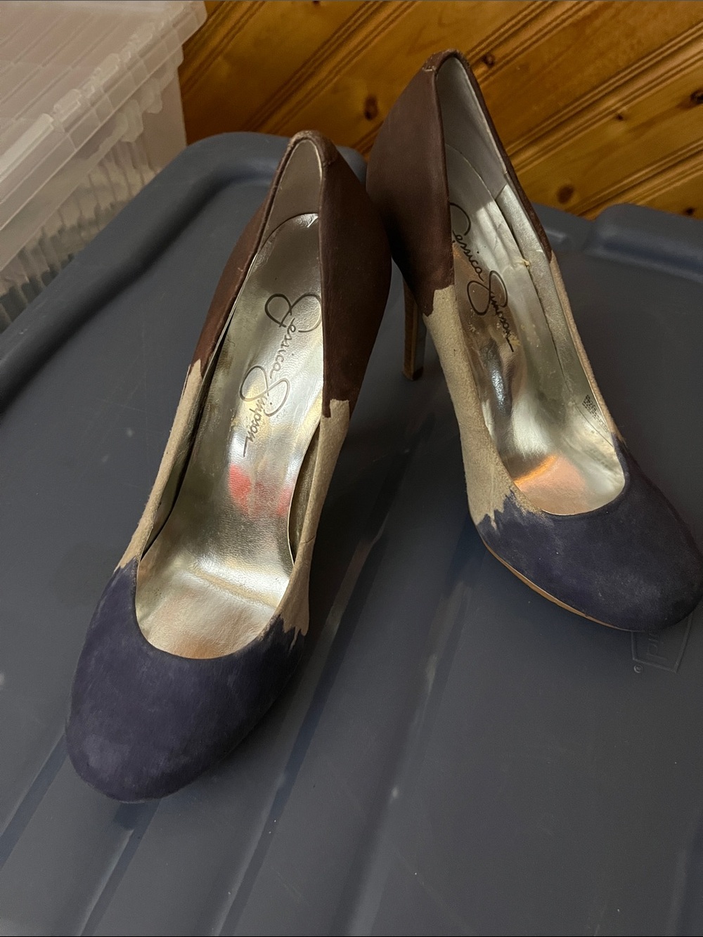 Jessica Simpson Navy, Brown and Cream Suede Heels